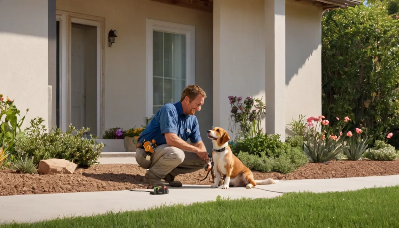Friendly pest control provider inspecting the exterior foundation of a stucco ranch home near Irvine while a homeowner looks on