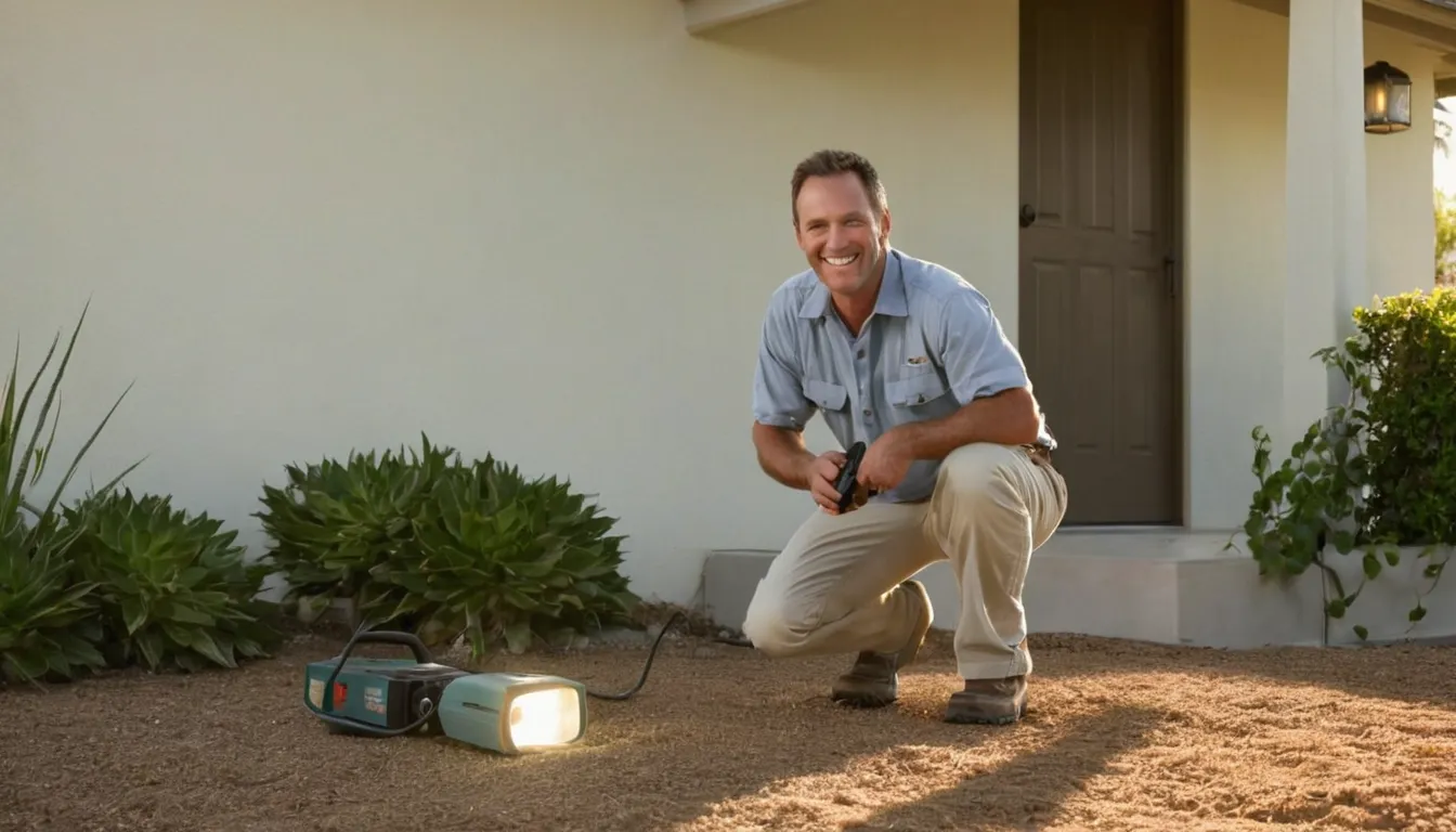 A friendly provider inspecting a stucco wall base for termite signs at a home in the Irvine area